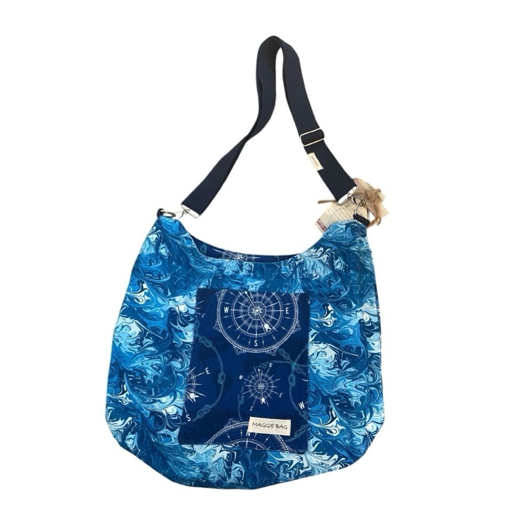 Maggie Bags Canvas Reversible Blue Messenger Tote Bag NWT Sustainable Handmade
